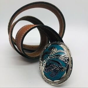 Vintage Native American silver turquoise leather belt size 34. 1983